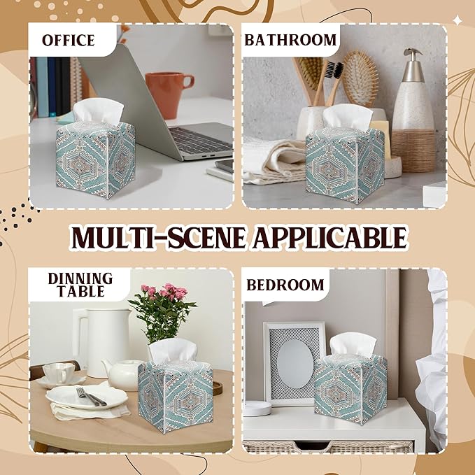 Western PU Leather Tissue Box Cover - Southwest Aztec Vintage Decorative Tissue Holder - Waterproof & Modern Dispenser Box - Facial Paper Organizer Home Decor for Living Room, Bathroom, Office - A03