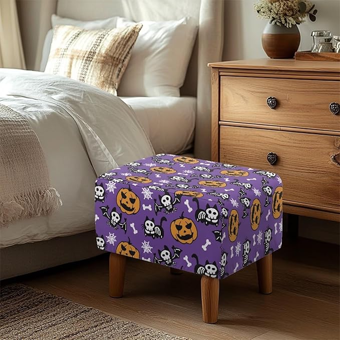 Spooky Halloween Ottoman Cover with Pumpkins, Bats & Ghosts - Stretchable, Form-Fit Slipcover for Rectangular Footstools, Easy Install & Care (33x30x15 Inch)