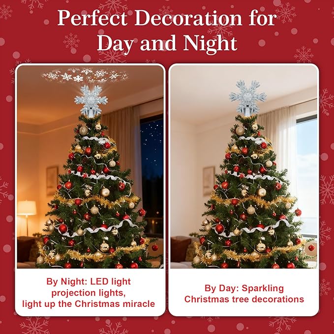 Christmas Tree Topper Lighted with LED Rotating Silver Snowflake Projector, 3D Hollow Glitter Lighted Silver Snow Christmas Star Tree Topper with Plug for Indoor Outdoor Christmas Tree Decorations