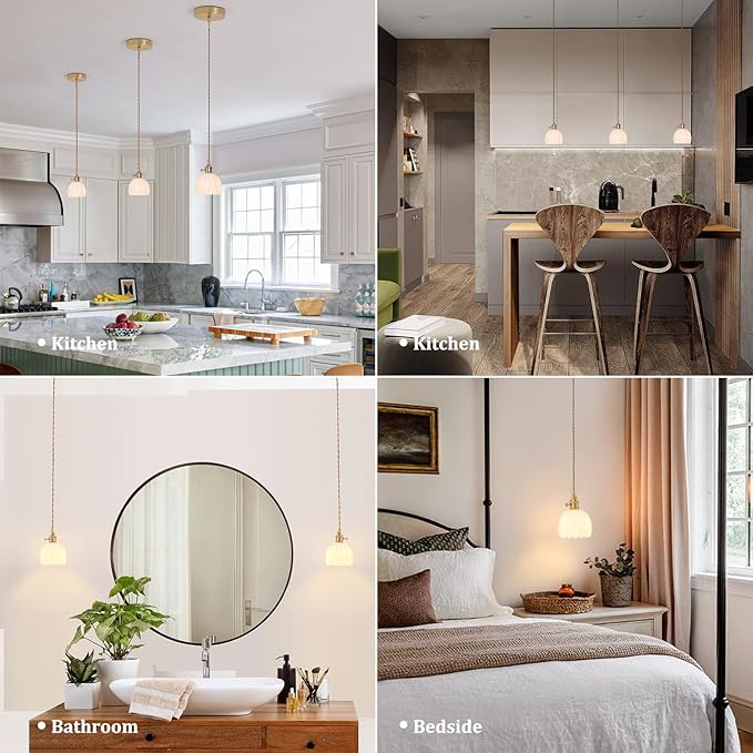 Pendant Light with White Tulip Glass Lmapshade, Brass Vintage Pendant Light Adjustable Hanging Light for Kitchen Island Dining Room Hallway