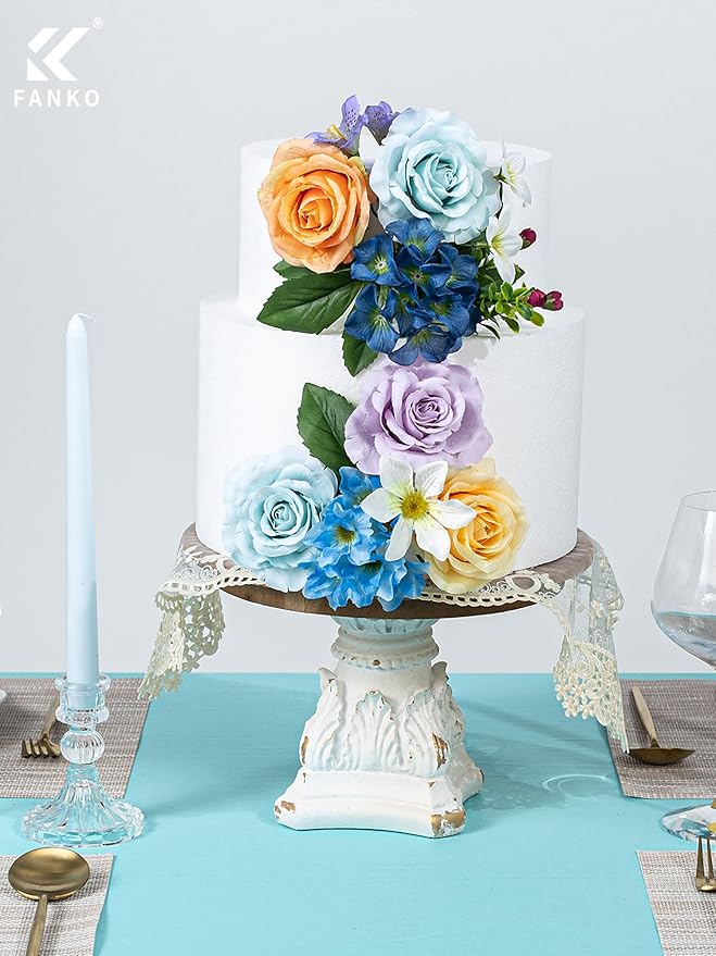 FANKO Artificial Flowers Fake Silk Rose, Mixed Combo Orange Rose Flowers Dark & Light Blue Cream Roses Delicate Blooms Set for Wedding Bridal Bouquets/Centerpieces/Home Decorations