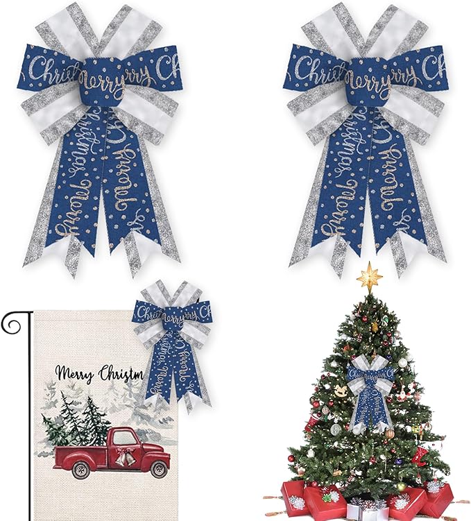 2PCS Merry Christmas Bow for Wreath, Glitter Silver Blue Wreath Bow for Christmas Décor Winter Bow for Front Door Indoor Outdoor Wall Tree Topper Decoration Supplies Xmas Hanging Ornament