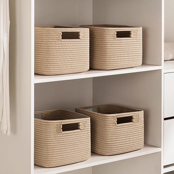 UBBCARE Storage Cubes 4 Pack, 11x 11x 7.8 Cube Storage Bin with Handles, Cotton Rope Baskets for Organizing, Woven Baskets for Shelf, Baby Nursery, Toy Storage, Closet, Classroom, Brown