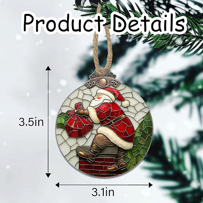 Stained Glass Christmas Decorations, Santa Claus Climbing The Chimney Suncatcher for Window Christmas Tree Hanging Ornaments Sun Catcher Xmas Decor Gifts for Women Men Mom Nana Friend