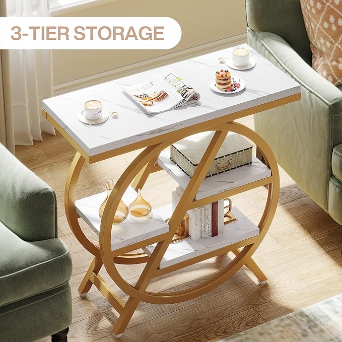 Tribesigns End Table for Living Room, 3-Tier Faux Marble Side Table with Storage, Wood Narrow Sofa Side Table with Geometric Metal Frame, Modern Nightstand and Bedside Table for Bedroom, Gold & White