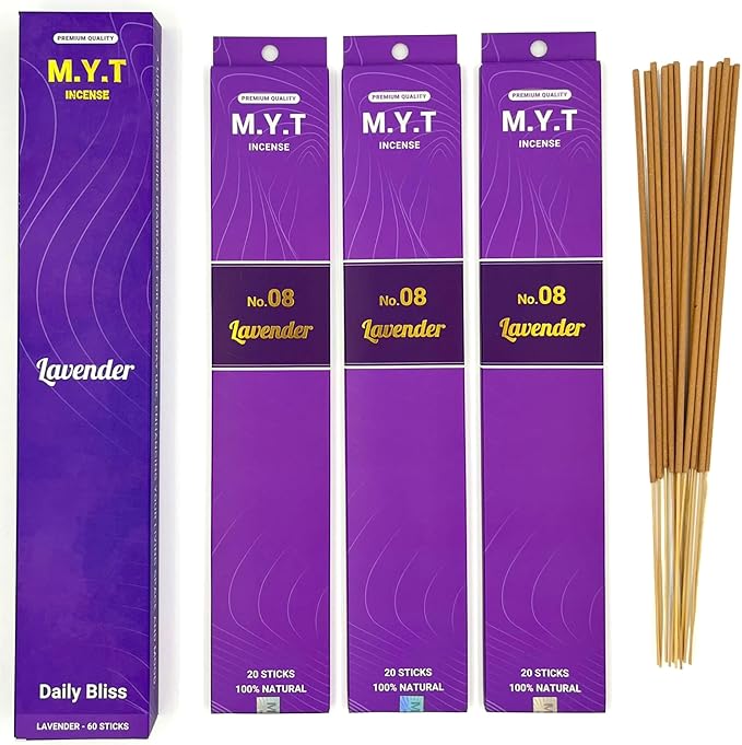 M.Y.T Lavender Incense Sticks Natural – 100% Natural, Long-Lasting, Low Smoke – Aromatherapy for Relaxation, Meditation & Sleep – Calming Floral Scent – 60 Sticks