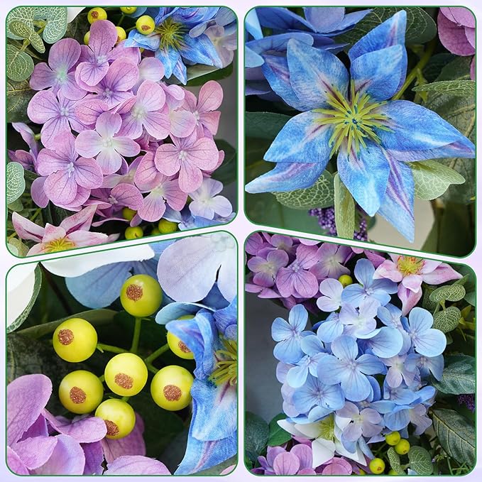24 Inch Spring Wreath for Front Door - Blue & Purple Hydrangea Spring Door Wreath, Monet-Inspired Floral Decor with Hydrangea and Clematis for French Country, Spring and Summer, Indoor Outdoor