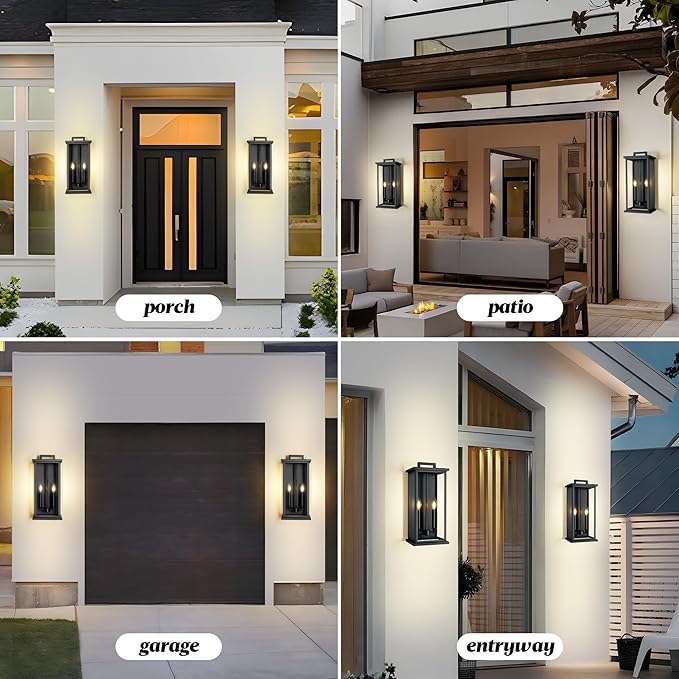 Extra Large Outdoor Wall Lights Modern Outdoor Garage Lighting Fixture,Exterior Porch Front Door Light,Waterproof Outside House Lights Wall Mount with 2 * E12 Sockets & Thick Glass Shades