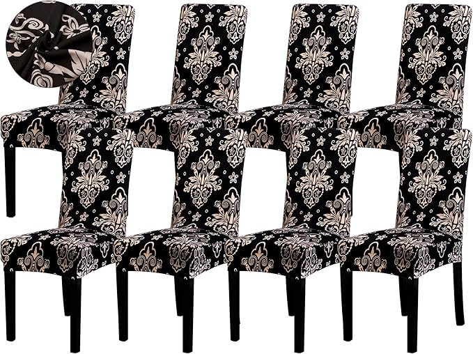Sufdari Dining Chair Covers,Kitchen Chair Cover,Parsons Chair Slipcover,Spandex Chair Protectors for Dining Room Stretch Chairs Cover Set of 8 -Black Khaki