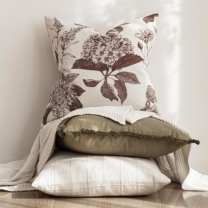 Foindtower Set of 2 Linen Floral Throw Pillow Covers Neutral Vintage Print Decorative Cushion Covers Farmhouse Boho Home Decor for Sofa Chair Couch Bedroom Living Room,18×18 Inch,Dark Brown