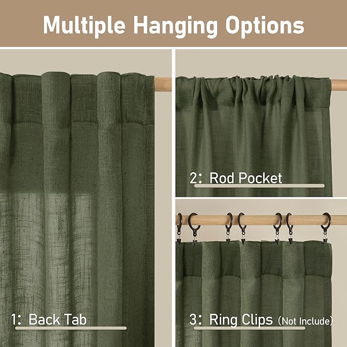 LAMIT Light Filtering Linen Curtains 68 inch for Bedroom, Linen Textured Semi Sheer Back Tab and Rod Pocket Boho Modern Christmas Decor Drapes for Living Room, Olive Green, 2 Panels, 52 x 68 Inch