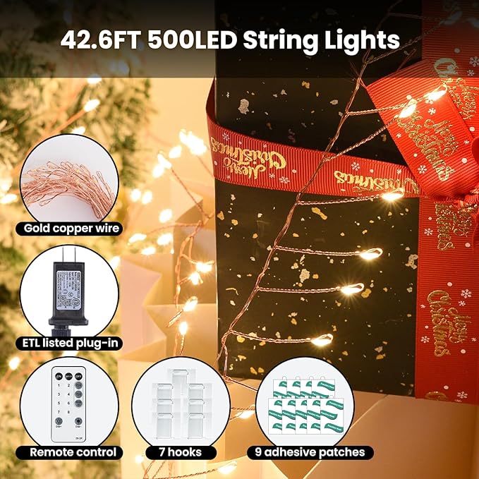 Dailyart Fairy Lights Plug in, 500 Led with Remote 42Ft Small Warm String Lights with Timer Long Twinkle Waterproof String Fairy Lights for Bedroom Outdoor Indoor Decor,Gold Wire