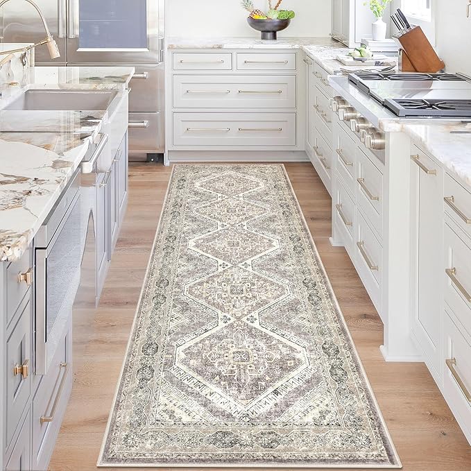 KUTA Oriental Washable Runner Rug, 2.6x8 Runners for Hallways Non-Slip Vintage Ivory Grey Yellow Brown Kitchen Runners Ultra Soft Printed Distressed Tribal 8ft Floor Carpet Rugs for Stairway Bedroom