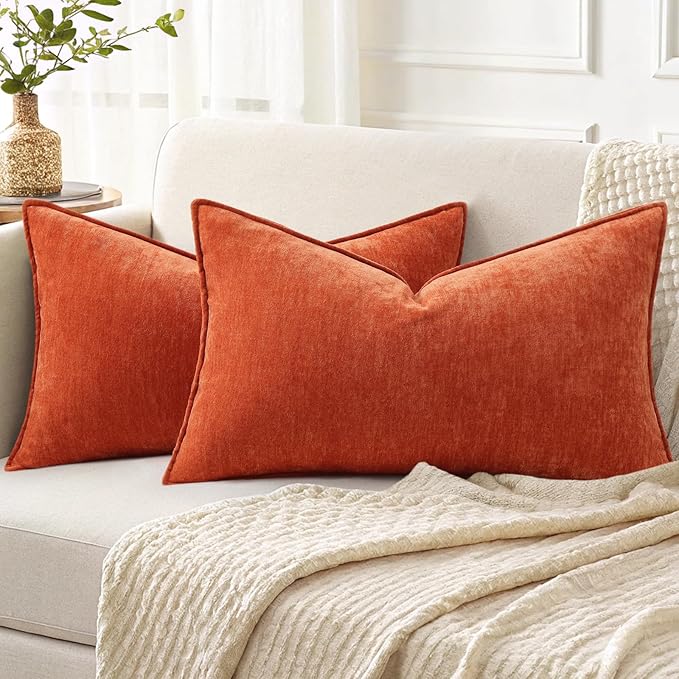 decorUhome Christmas Couch Throw Pillow Covers 12x20 Set of 2, Decorative Soft Euro Velvet Neutral Chenille Lumbar Pillow Covers with Elegant Design for Sofa Bed Living Room Home Decor, Rust