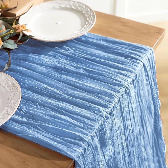 JOYIT 1 Pack Blue Cheesecloth Table Runner 35" x 120" – Boho Table Runner Set for Wedding, Birthday, and Party Decor, Romantic Gauze Table Runner for Rustic and Elegant Tablescapes (Light Blue)