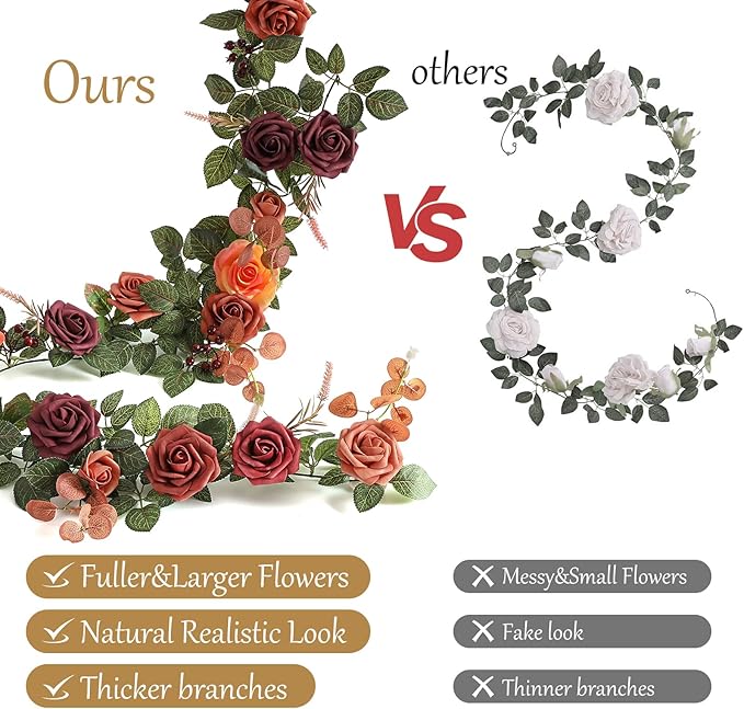 2Pcs Garisey 5FT Terracotta Artificial Flower Garland Fall Floral Garland Burnt Orange Arch Rose Vine for Wedding Ceremony Party Backdrop Decor Arch Flowers Mantel Table Centerpieces Decorations
