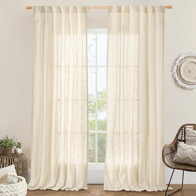 LAMIT 102 inches Long Sheer Linen Curtains, Linen Textured Light Filtering Semi Sheer Back Tab and Rod Pocket Natural Boho Drapes for Living Room/Farmhouse, 2 Panels, Beige, 52 x 102 Inch
