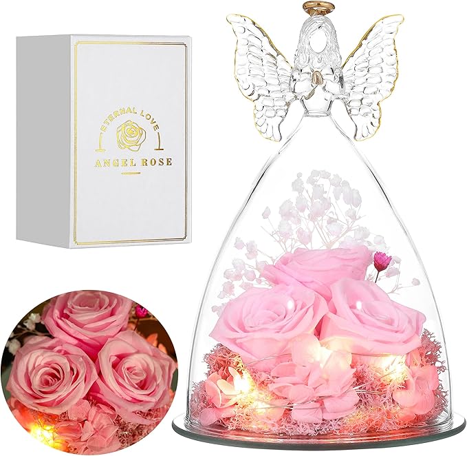 Mothers Day Mom Gifts for Women Preserved Flowers in Glass Angel Forever Flowers for Delivery Prime Eternal Roses Gifts for Grandma, Peach Pink
