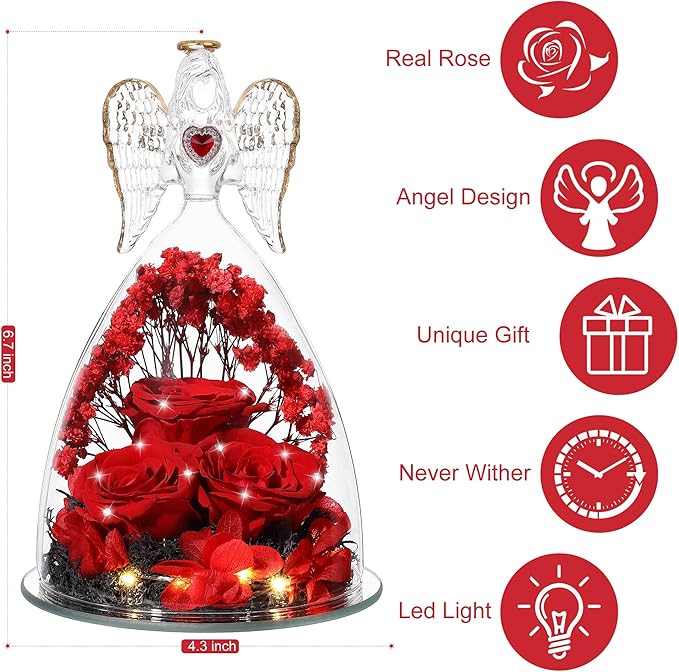 Mothers Day Rose Gifts for Women, Large Angel Figurines with Real Roses, Preserved Real Flower Rose for Her, Crystal Red