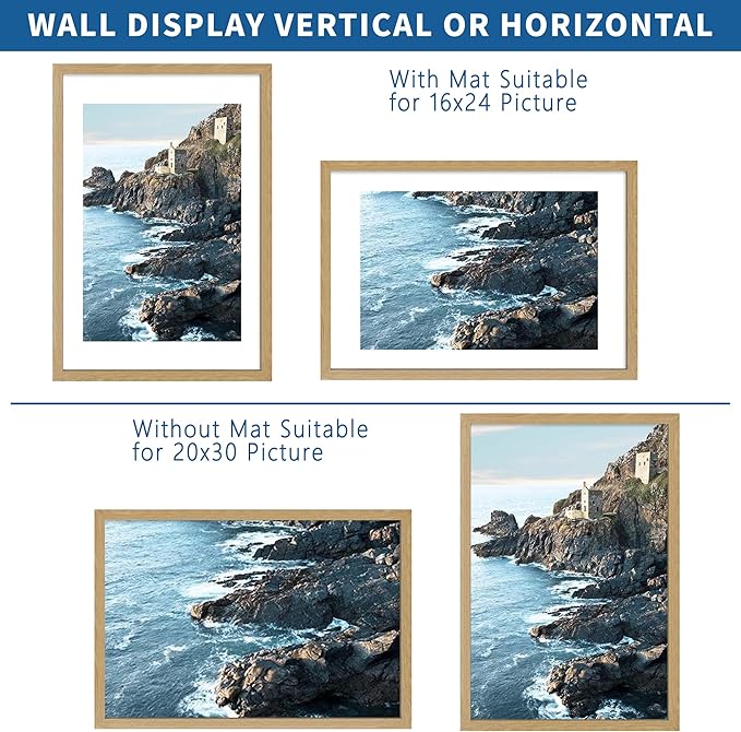 20x30 Frame Set of 2, Natural Oak Wood Style - Display 16x24 Picture with Mat or 20 x 30 Poster without Mat, Wall Mounting Horizontal and Vertical