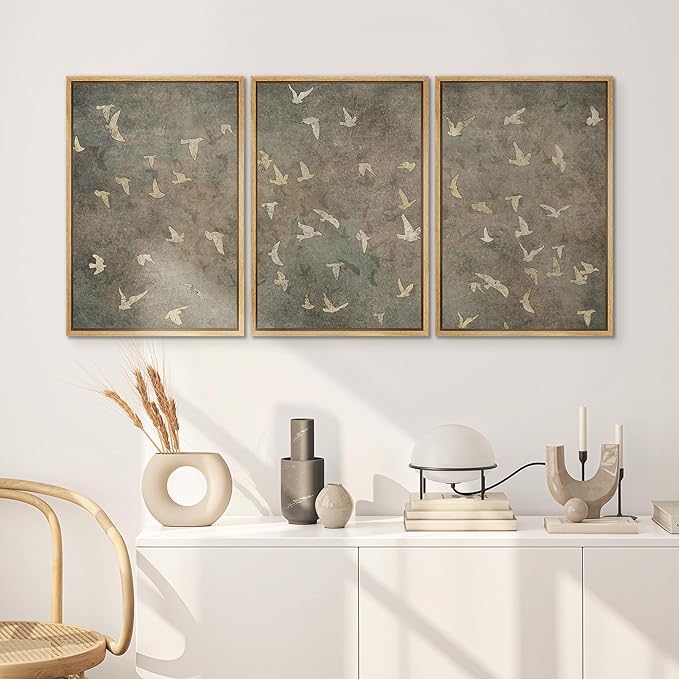SIGNWIN Framed Canvas Print Wall Art Set Abstract Golden Birds in Flight Illustrations Modern Art Decorative Rustic Calm/Zen for Living Room, Bedroom, Office - 16"x24"x3 Natural