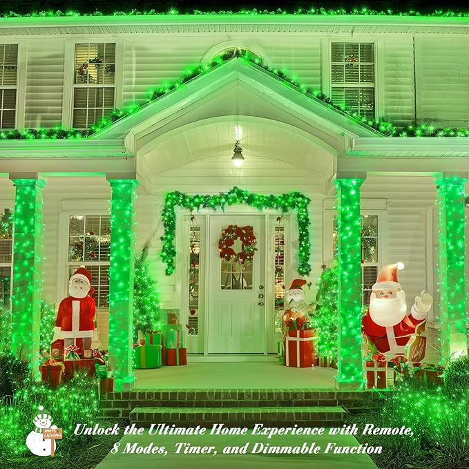 JMEXSUSS 400 LED Green Christmas Lights Indoor Outdoor, 132ft String Lights Plug in with Remote, 8 Modes Clear Wire Christmas Tree Lights for Room Garden Patio Outside Party Xmas Tree Decor