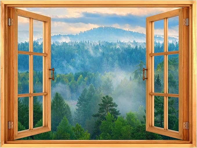 wall26 Removable Wall Sticker/Wall Mural Window View Aerial Misty Lush Green Tree Forest Wilderness Nature Photography Realism Rustic Landscape Colorful for Living Room, Bedroom, Office - 36"x48"