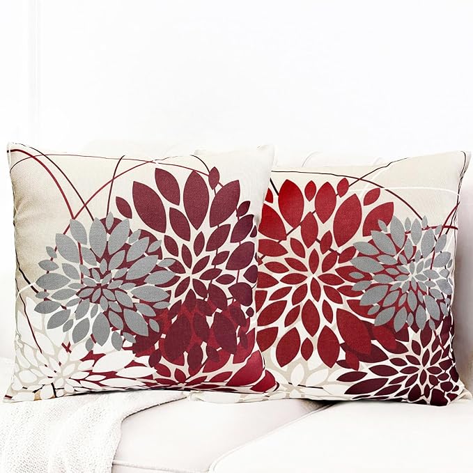 Decorative Throw Pillow Covers Set of 2 Wine Red Pillow Covers 22x22 inch Linen Square Pillow Cases,Farmhouse Modern Geometric Floral Outdoor Pillow Cover for Couch Sofa Living Room Bedroom