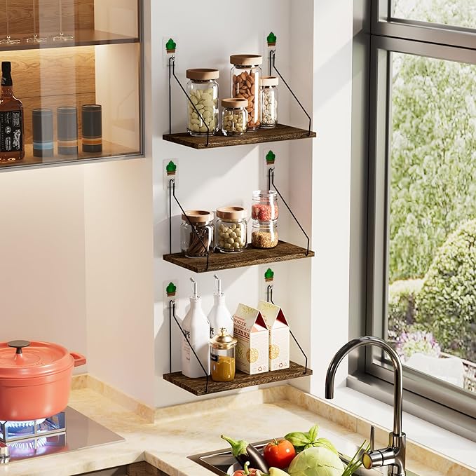 Elevate Your Space with Rustic Wood Floating Shelves Set of 3- Perfect for Bedroom, Living Room, Bathroom, and Kitchen Decor - Easy Installation, No Drilling Needed! Brown