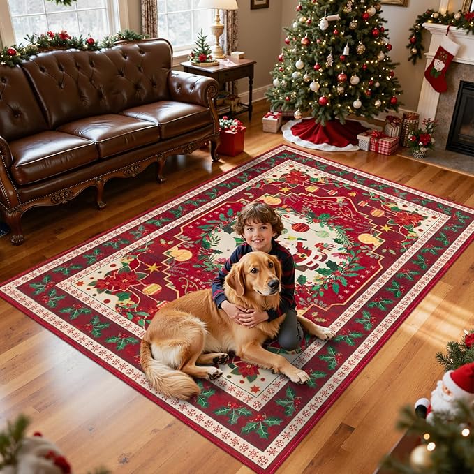 HEBE Christmas Area Rug 5'x7', Non Slip Farmhouse Red Rugs for Living Room, Washable Soft Area Rugs for Bedroom Christmas Low Pile Indoor Floor Carpet for Dining Room Xmas Holiday Decor