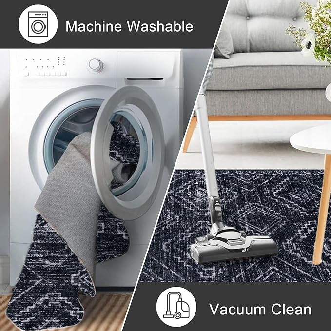 KILOCOCO Boho Entryway Rug 2x3 Printed Small Area Rug Indoor Door Mat Machine Washable Kitchen Rugs Super Soft Non Slip Throw Rugs for Bedroom Entrance Geometric Laundry Room, Black/Navy