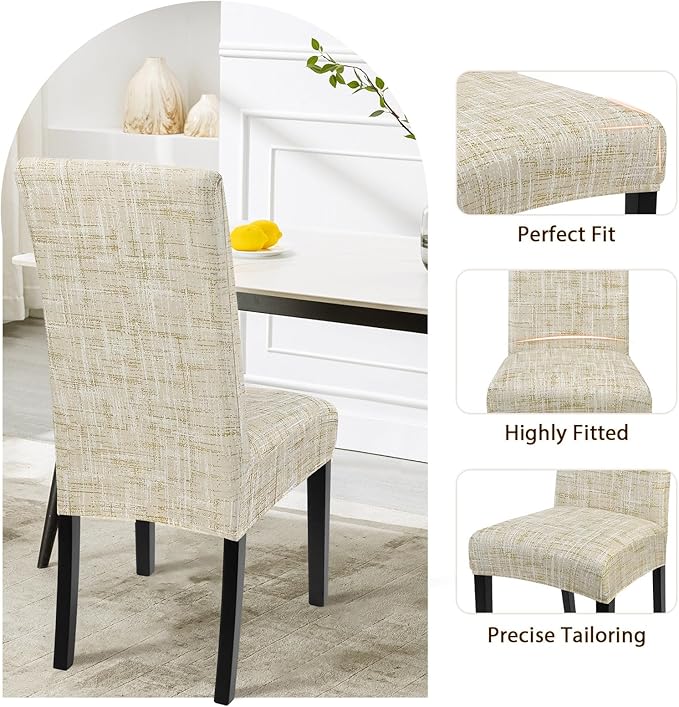 SearchI Dining Room Chair Covers Set of 4, Stretch Printed Floral Parsons Chair Slipcovers Removable Washable Kitchen Chair Protector Cover for Dining Room, Hotel, Ceremony (Beige Textured Grid)