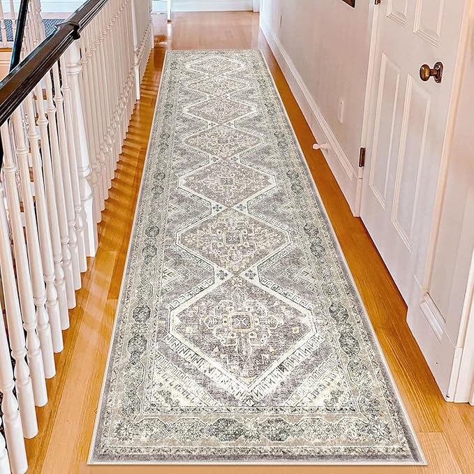 KUTA Oriental Kitchen Runner Rug, 2.6x10 Vintage Ivory Grey Yellow Brown Washable Hallway Rugs Non-Slip Ultra Soft Printed Distressed Tribal Floor Carpet for Bedroom Entryway Living Room