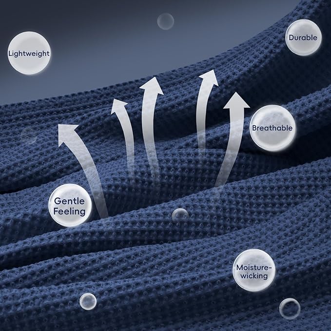 PHF 100% Cotton Waffle Weave Blanket King Size for Bed,Snag Proof Lightweight Breathable Throw for Couch,Great for Layering in Cold Weather,Machine Washable,Home Decor Gift-Navy Blue/Bright Blue