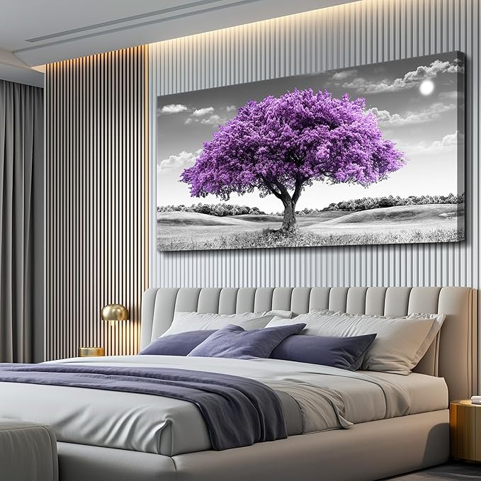 Large Canvas Wall Art for Living Room Wall Decor for Office Aesthetic Bedroom Wall Decorations Purple Tree Landscape Painting Black and White Pictures Artwork Room Modern Home Decor