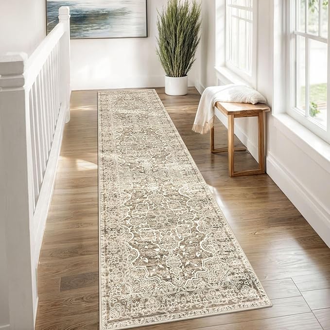 KUTA Hallways Runner Rug 2x8 Beige Brown, Vintage Floral Kitchen Rugs Non-Slip Washable Ultra Soft Printed Retro Distressed Flower Carpet Entryway Runners for Bedroom Nursery Hallways