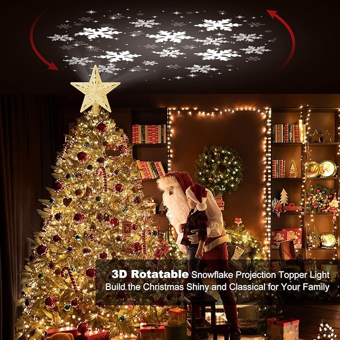 Christmas Tree Topper Lighted with 6 Pattern Projection Modes, Christmas Star Tree Topper Built-in LED Rotating Lights, Gold 3D Glitter Dynamic Projector for Christmas Decorations