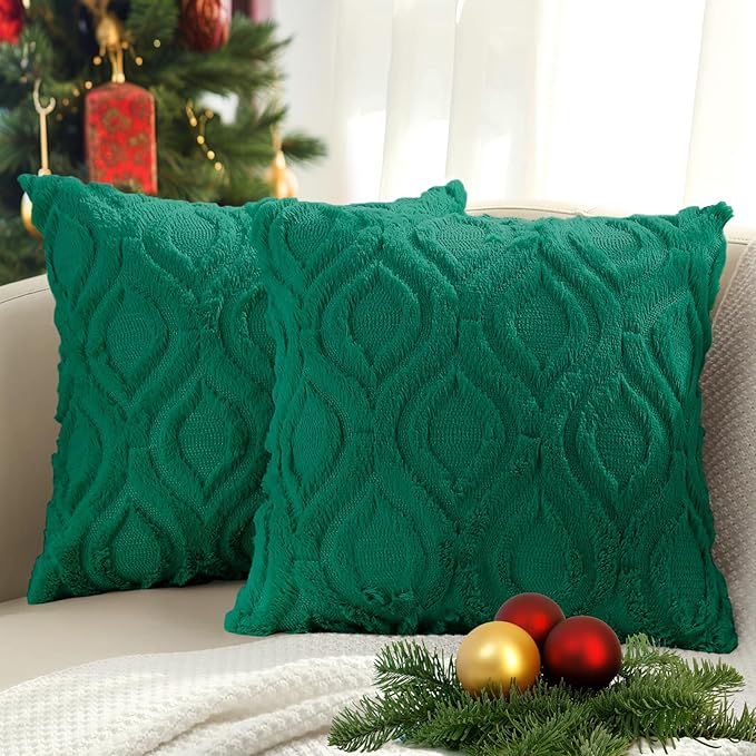 decorUhome Christmas Throw Pillow Covers 20x20 Inch Set of 2, Soft Plush Faux Wool Green Solid Couch Pillow Covers, Accent Farmhouse Neutral Square Pillow Cases for Sofa Bed Living Room