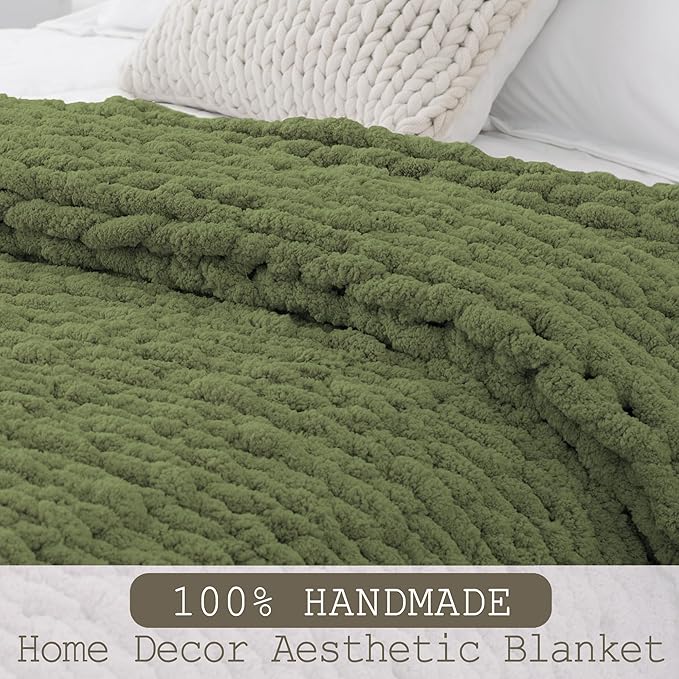 Chunky Knit Throw Blanket 50"X 60", 100% Handmade with Soft Chenille Yarn, 4.4lbs Thick Cable Knitted Blankets, Large Rope Knot Crochet Throws for Couch Sofa Bed Home Decor, Olive Green