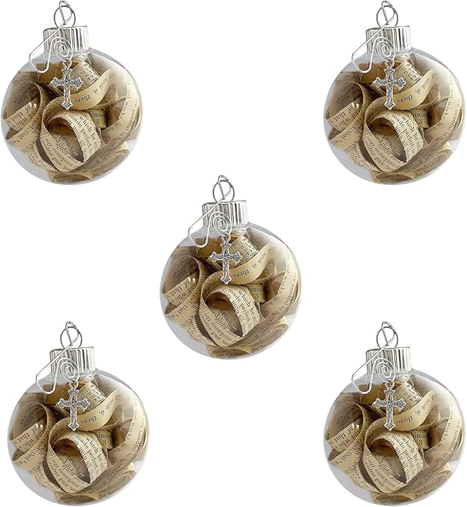 Religious Rescued Antique Bible Pages Verses Strips Hanging Christmas Tree Ornament Beautiful Cross Charm Hanger and Faith Quote Card Shatterproof Round Disc for Best View (Pack of 5)