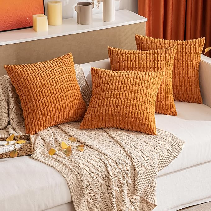 MIULEE Pack of 4 Fall Burnt Orange Corduroy Decorative Throw Pillow Covers 18x18 Inch Soft Boho Striped Pillow Covers Modern Farmhouse Home Decor for Sofa Living Room Couch Bed
