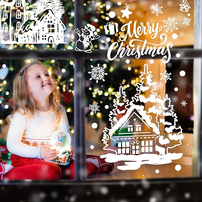 9 Sheet Christmas Snowflake Window Clings Winter Wonderland Decal Stickers Let it Snow Reindeer Snowman Window Seasons Decals for Elk Snowball Holiday Home Kitchen Living Room,9 Sheets (Winter2)