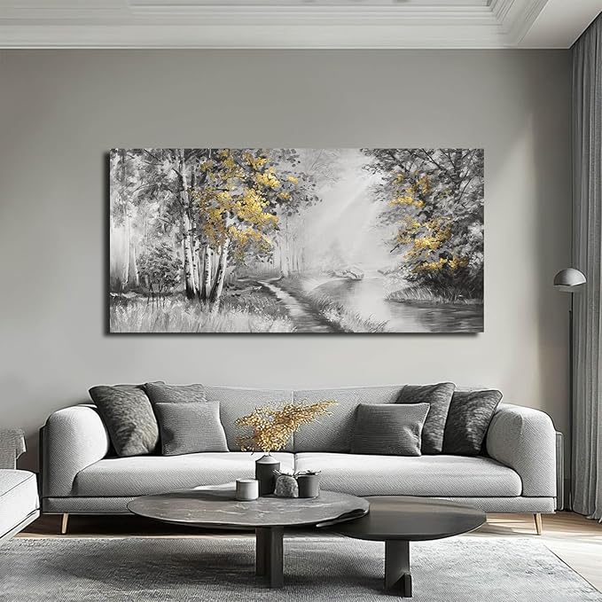 SOUGUAN Misty Forest Wall Art/Living Room Wall Decorations/Black Art 24 x 48 Inch/Plant Oil Painting for Bedroom Kitchen Office Home Decor
