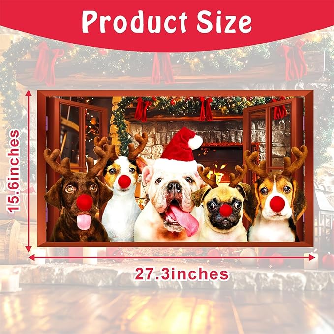 Christmas Dog Wall Decor 3D Xmas Fake Window Wall Decals Mural Merry Christmas Puppy Dog Wall Stickers Winter Holiday Faux Window Decal Party Decorations Cute Funny Dogs Decals Party Supplies