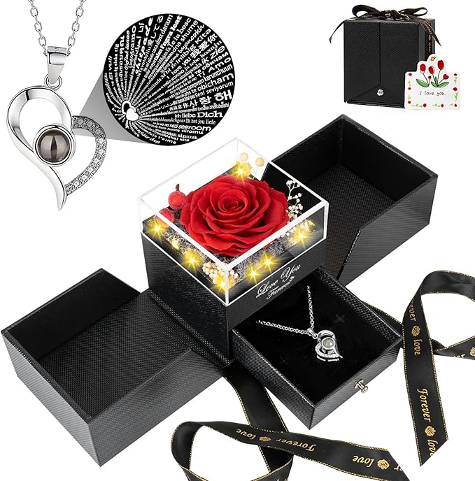 Preserved Red Real Rose -Eternal Flowers Rose Gifts for Mom Grandma Wife Girlfriend on Various Festivals Gifts for Her Christmas Birthday Anniversary with I Love You Necklace
