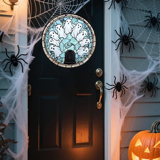 Stained Glass Window Hanging - Halloween Decorations Ghosts Tombstones Suncatcher for Doors Garden Indoor Spooky Funny Sun Catchers Gothic Decor Horror Gifts for Women Men Friend 6.3 in