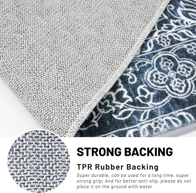 KUTA Washable Kitchen Runner 3x8, Non Skid Washable 8 ft Navy Blue Runners, Printed Vintage Distressed Floral Area Rugs Ultra Soft Carpet for Bedroom Living Room