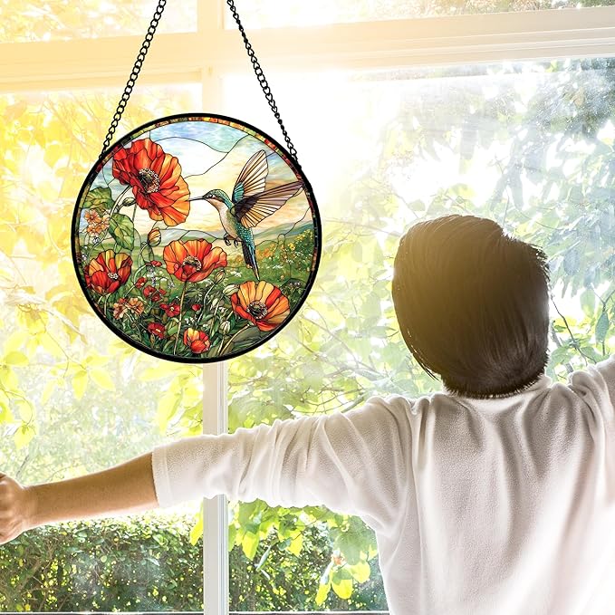 Stained Glass Window Hanging, Hummingbirds Orange Flowers Suncatcher Diamond Glass Panel Hangings Sun Catchers Decor for Birthday for Women, Men, Wife, Aunt, and Mom 11.8 in