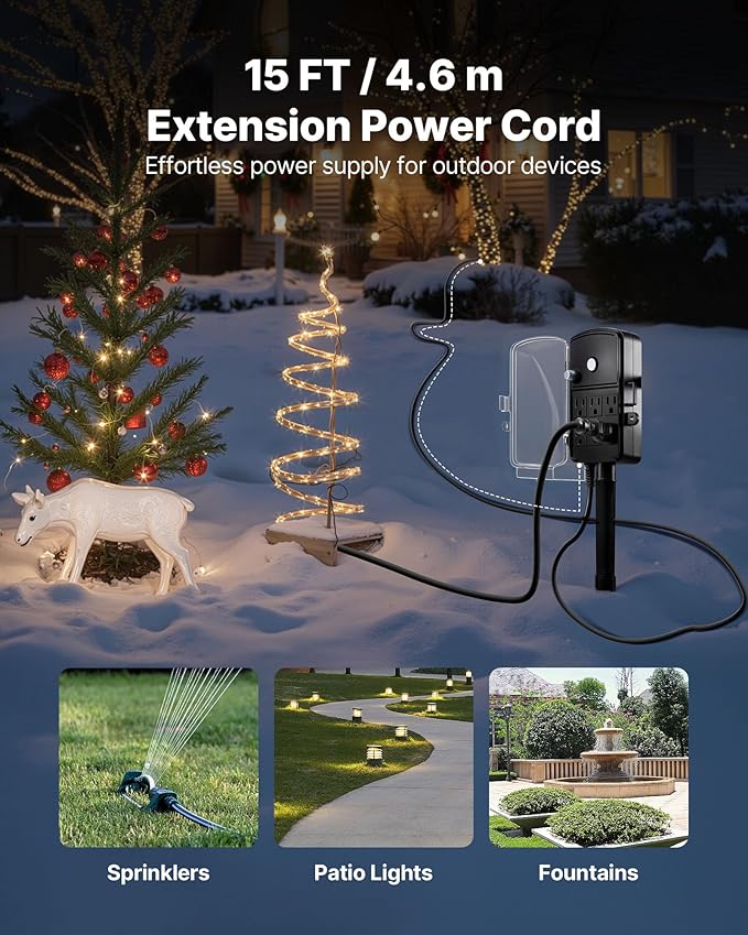 VEVOR Outdoor Power Stake, 15 FT Extension Cord, Outdoor Power Strip Weatherproof with Cover and Overload Protection, 6 Outlets, 15A/1875W, Waterproof Multi-Outlet Yard Stake for Christmas Lights