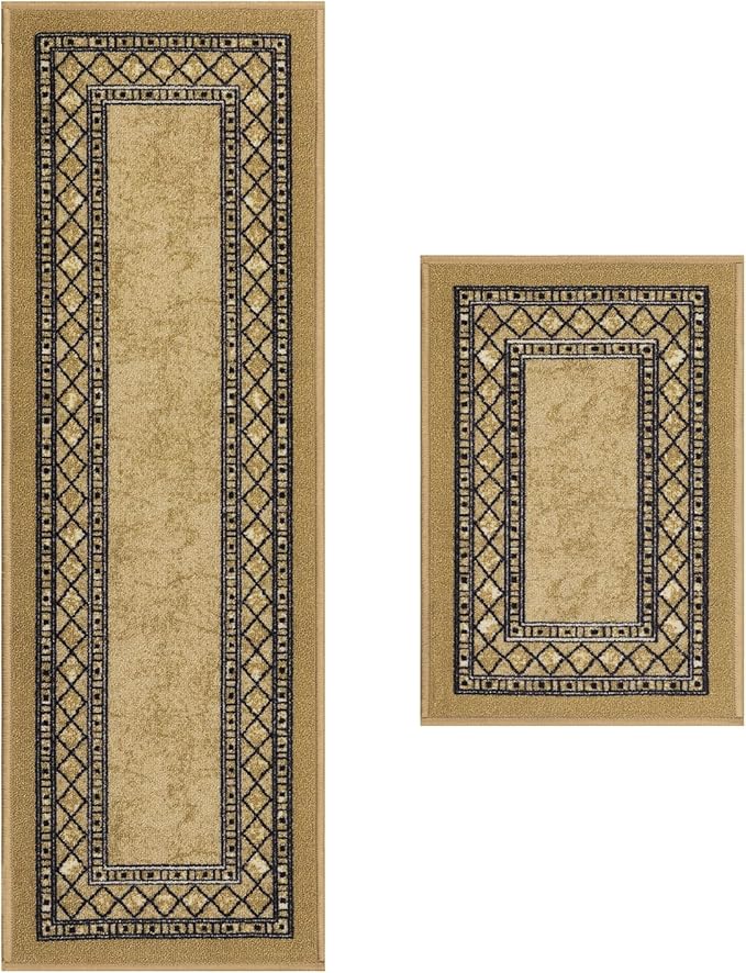 Antep Rugs Alfombras Modern Bordered 2pc Non-Skid (Non-Slip) Low Profile Pile Rubber Backing Indoor Kitchen Runner Rugs (Brown, 2pc Set)
